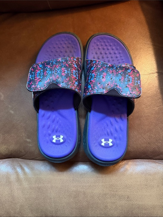 Under Armour Other - Under Armour Purple Slides with Pink and Blue Patterned Strap